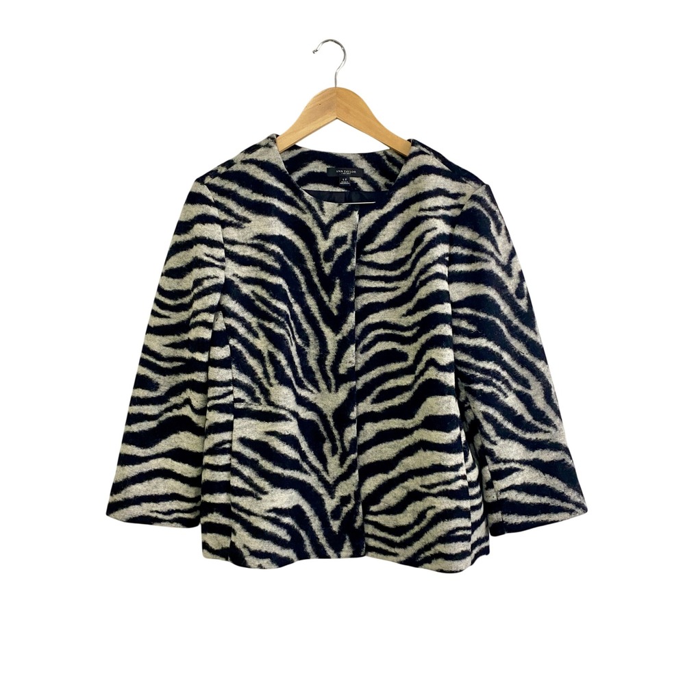 Ann Taylor Wool Zebra Print Jacket Lg Tall Crop Collarless Animal Mob Wife Indie